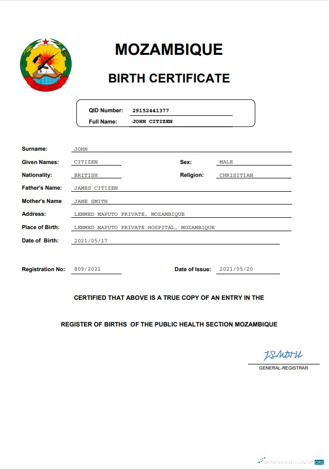 Download Mozambique birth certificate Word and PDF template Photoshop template